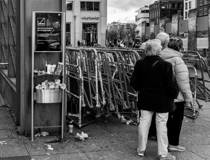 Black and white photography, tourists at Potsdamer Platz, Berlin, Germany