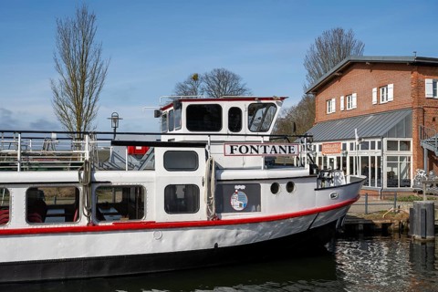 Excursion boat at the harbour, Waren, Müritz, Mecklenburg Lake District, Mecklenburg,