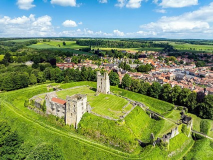 Helmsley Castle from a drone, North York Moors National Park, North Yorkshire, UK