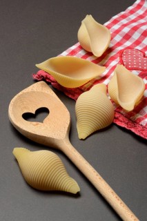 Conchiglione with wooden spoon, Italian pasta variety against a dark background, Italy