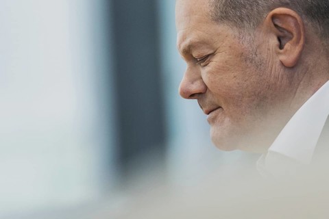 Olaf Scholz (SPD), Federal Chancellor, recorded at a federal press conference on current domestic