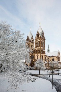 Church with snow, morning mood, Stühlinger Church, Freiburg im Breisgau, Black Forest,