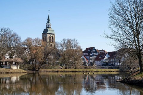 Town view with St.Aegidius church at the Emssee, Wiedenbrück, Rheda-Wiedenbrück, Westphalia, North