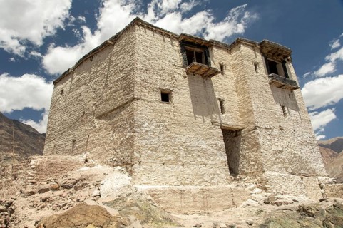 Majestic Charasa Palace stands tall in Nubra Valley, India, showcasing traditional architecture