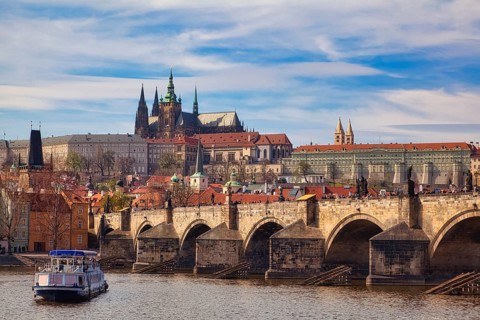 View over the Vltava River to Hradcany Hill, Charles Bridge, Prague, Czech Republic