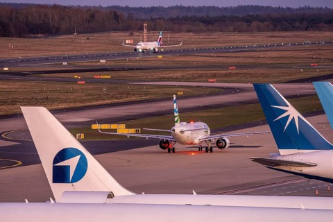 Eurowings Airbus at Cologne-Bonn airport, taking off, aircraft taking off on the taxiway, cargo