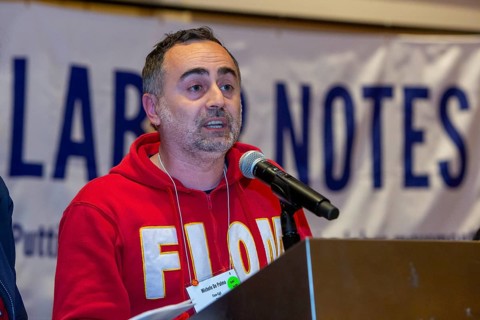 Chicago, Illinois, Michele De Palma, general secretary of the Italian metalworkers union., speaks