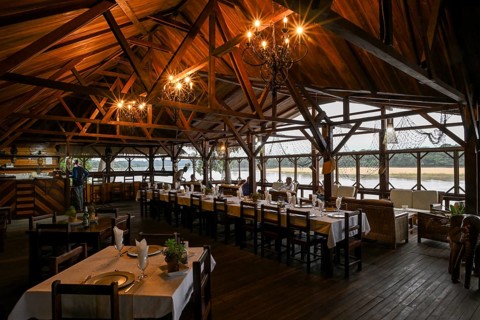 Restaurant at Doli Lodge on the Sangha River, blue hour, Bayanga, Sangha-Mbaéré Prefecture, Central