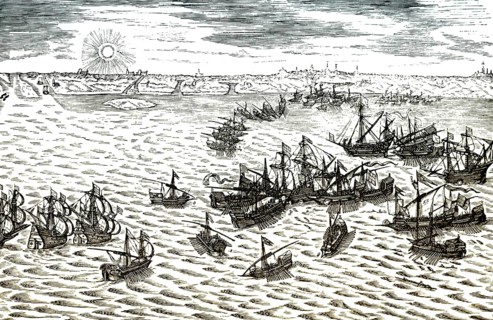 Historic drawing, naval battle between the Netherlands and Spain during the Eighty Years' War, also