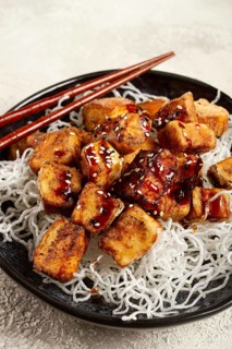 Fried eggplant, with funchosa noodles, with teriyaki sauce and sesame seeds, homemade, no people
