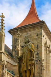Fountain in front of St Mary's Church in Reutlingen, statue, stone sculpture of Emperor Frederick,