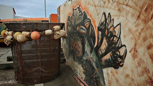 A fishing net with buoys next to a graffiti-painted wall in a harbor environment in the evening
