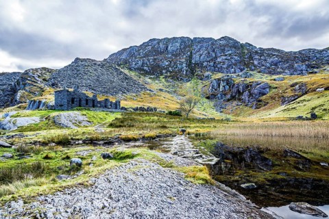 Autumn colors over Mountains and Llyn Cwmorthin Lake, Cwmorthin Terrace, North Wales, UK