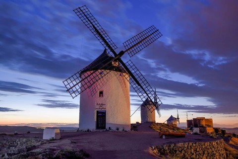 Windmills of Consuegra at dusk, Toledo province, Castilla-La Mancha, Spain