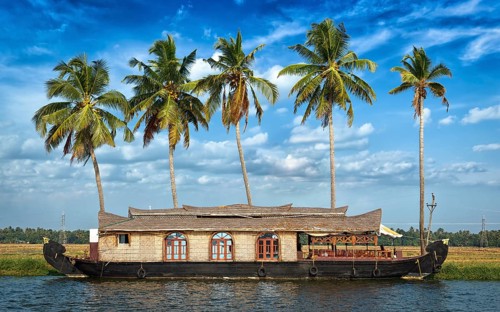 Panorama of houseboat on Kerala backwaters. Kerala, India