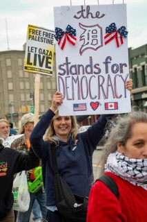 Detroit, Michigan - Labor organizations protest President Trump's 'war on working people' with a