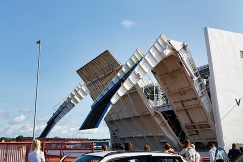 MF Visborg from Visby, RopAx ferry, Swedish shipping company Destination Gotland, opened bow flap,