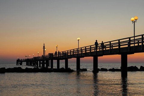 Sunset, pier, silhouettes, lamps, Baltic Sea, Wustrow, Darß, Mecklenburg-Vorpommern, Germany