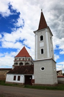 Romania, church tower of the fortified church in the village of Klosdorf, Romanian Cloasterf,