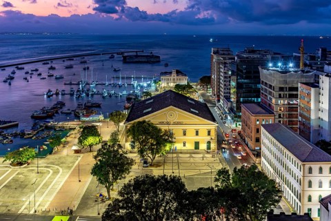 View of the city of Salvador, the Bay of All Saints and the Mercado Modelo in the state of Bahia at