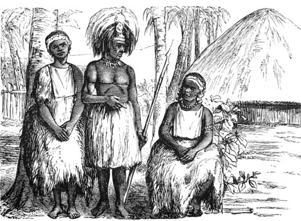 Portrait of Samoans in national traditional costume in front of their traditional round houses, two