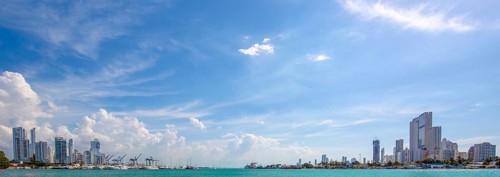 Colombia, wide-angle view of scenic Cartagena bay (Bocagrande) and panoramic city skyline