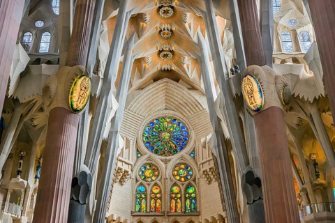 Interior view of the Familia Sagrada by the architect Antonio Gaudi in Barcelona, Spain