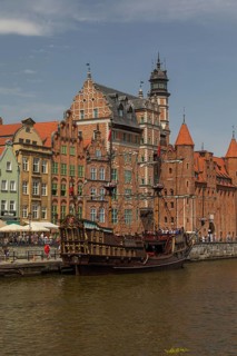 Mottlau pier in Gdansk with the Galeon Lew, a replica of an historic corsair