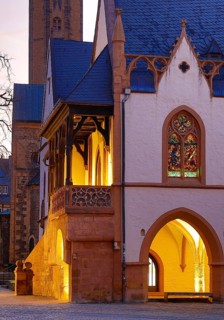 View of the late Gothic town hall of Goslar with the market church from the market square in the