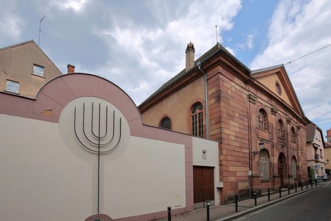 Jewish synagogue built 17th century and menorah sign, Haguenau, Bas-Rhin, Alsace, France