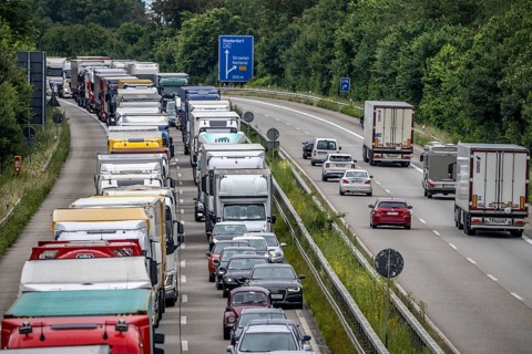 9 km long traffic jam on the A40 motorway heading east, between the Dutch border near Venlo, in