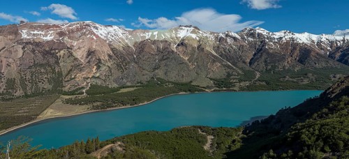 Panoramic view over lake Lago Jeinimeni, view from highest viewpoint on trail Sendero Escorial del