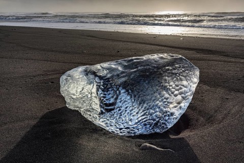 Ice floe, beach, sea, waves, clouds, backlight, Diamond Beach, Breidamerkursandur, Jökulsarlon,