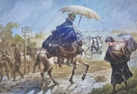 Model rider in the rain with an umbrella on his horse, Germany, c. 1885, Historic, digitally