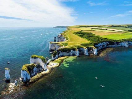 White Cliffs of Old Harry Rocks Jurassic Coast from a drone, Dorset Coast, Poole, England, United