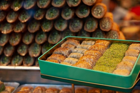 Istanbul, Turkey. June 7th 2019 Turkish Baklava displayed in a shop window along Istiklal street,