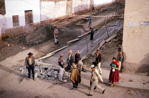 Street scene with pedestrians and a new road under construction, Andaluaylas, Peru, South America