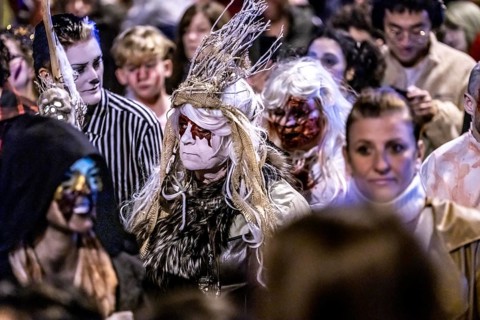 The Zombiewalk in Essen, on Halloween several hundred people, some dressed as scary zombies,