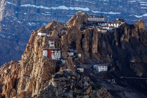Dhankar monastry perched on a cliff in Himalayas. Dhankar, Spiti Valley, Himachal Pradesh, India