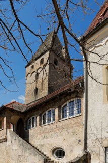 Staircase Music School Ulm, architecture, building latticed windows, behind Metzgerturm, Ulm,
