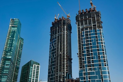 Dubai, United Arab Emirates. July 2nd 2019 Modern skyscraper apartment complex buildings under