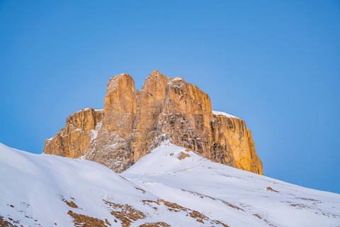 Beautiful landscape of the Mountain silhouettes of the Sexten Dolomites on a sunny winter day,