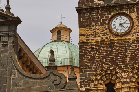 Church clock, steeple, detail, Randazzo, town, Nebrodi National Park, Sicily, Italy