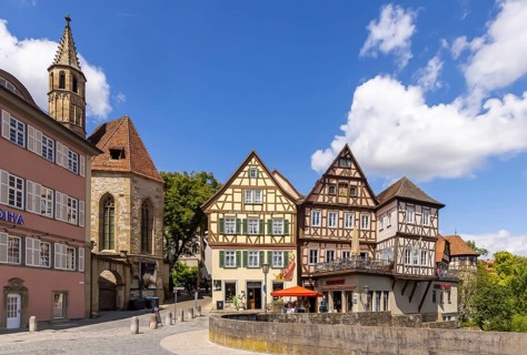 Town view with half-timbered houses worth seeing in the historic old town of Schwäbisch Hall,