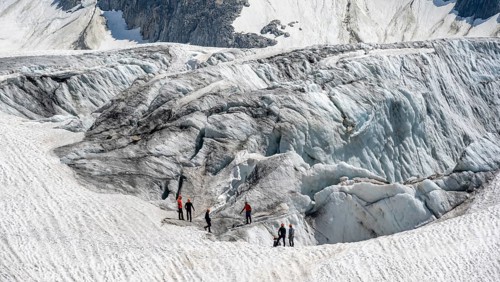 Group of mountaineers on the glacier during an alpine mountaineering course, high alpine mountain