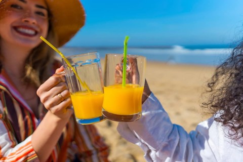 Two friends celebrating summer holidays by the sea, toasting their glasses of refreshing orange