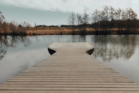 A wooden footbridge extends into a tranquil pond with a clear reflection of the trees, Drudenteich,
