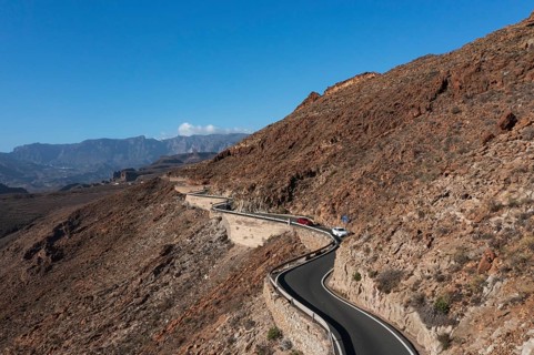 Drone shot, mountain road at the Degollade de las Yeguas viewpoint, Gran Canaria, Canary Islands,