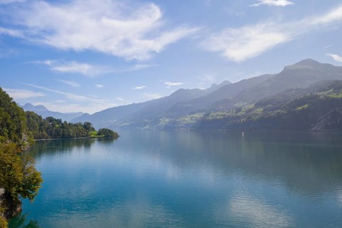 Aerial view of the northern shore of Lake Walen with view to the east, Amden, St. Gallen,