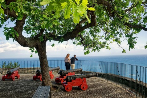 Fortress of Faial with cannons and view of the sea, Miradouro do Fortim, Madeira, Portugal